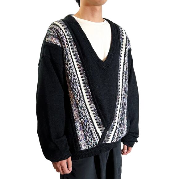 Vintage 90's CONCRETE design V-neck Knit Mixer Sweater Men's Size Large Black - Picture 2 of 9